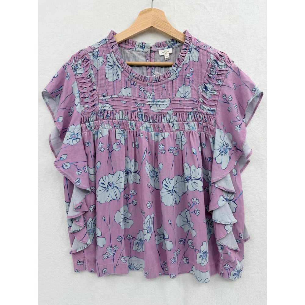 Anthropologie Eze Sur‎ Mer Blouse Small Pink Blue Floral Ruffle Flowy Casual